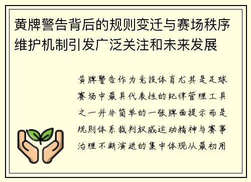 黄牌警告背后的规则变迁与赛场秩序维护机制引发广泛关注和未来发展